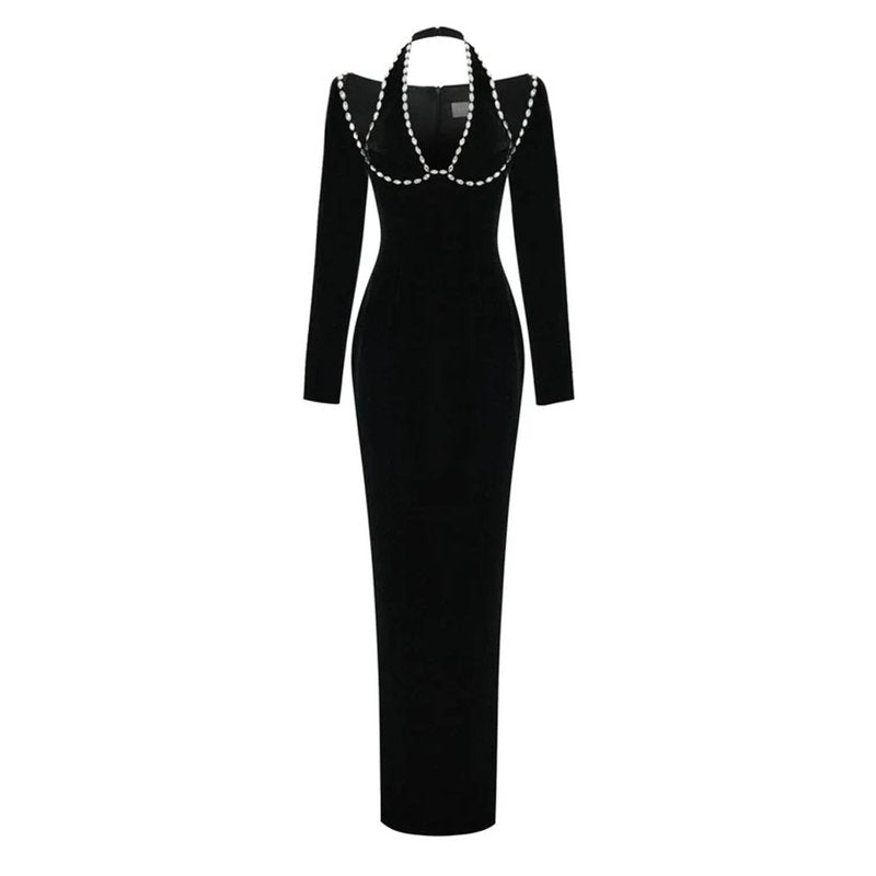 Pearl Trim Halter Long Sleeve Maxi Dress H6535