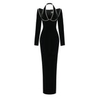 Pearl Trim Halter Long Sleeve Maxi Dress H6535