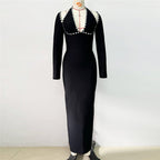 Pearl Trim Halter Long Sleeve Maxi Dress H6535