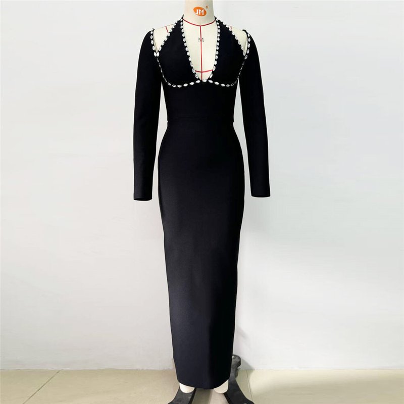 Pearl Trim Halter Long Sleeve Maxi Dress H6535