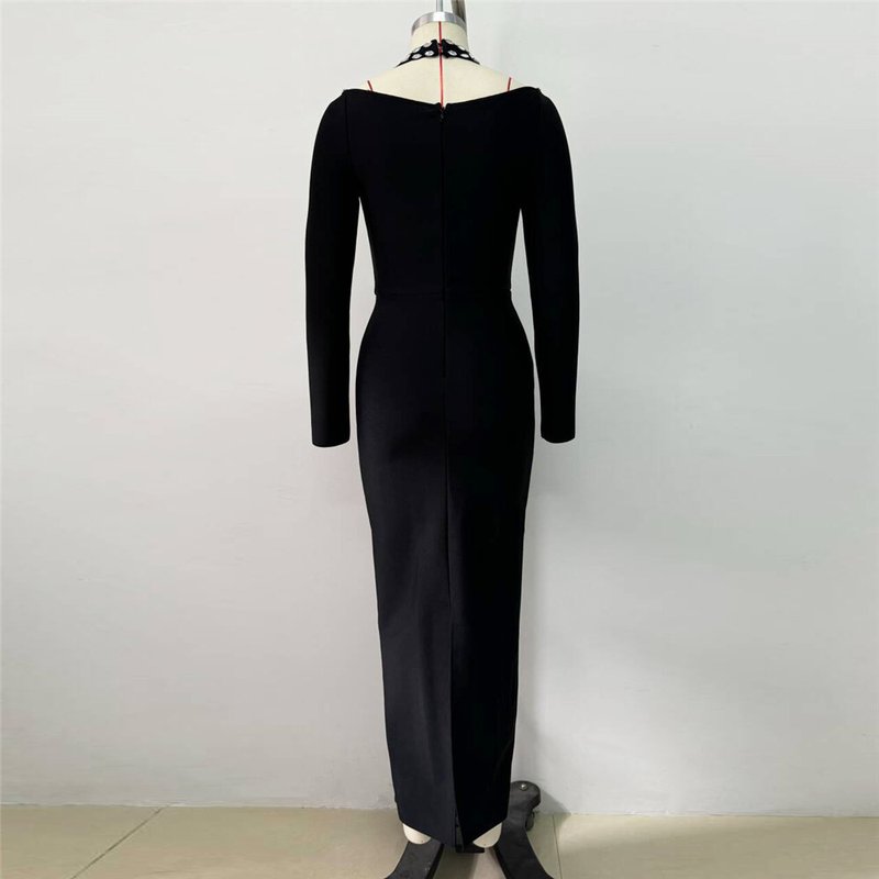 Pearl Trim Halter Long Sleeve Maxi Dress H6535