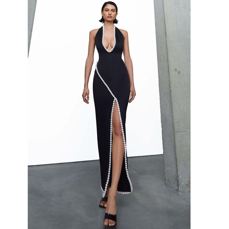 Pearl Trim Halter Maxi Dress H6414