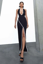 Pearl Trim Halter Maxi Dress H6414