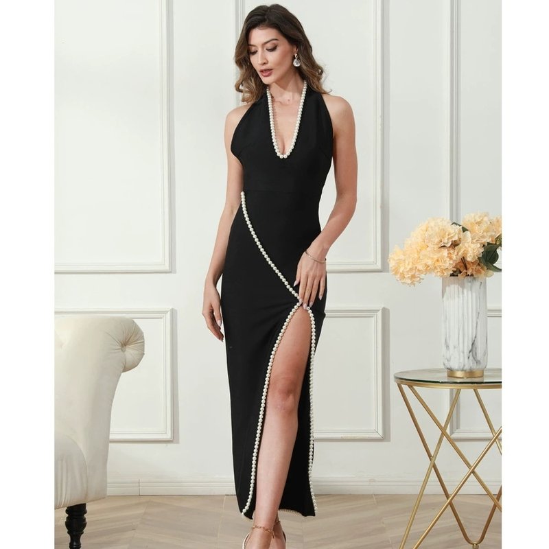 Pearl Trim Halter Maxi Dress H6414