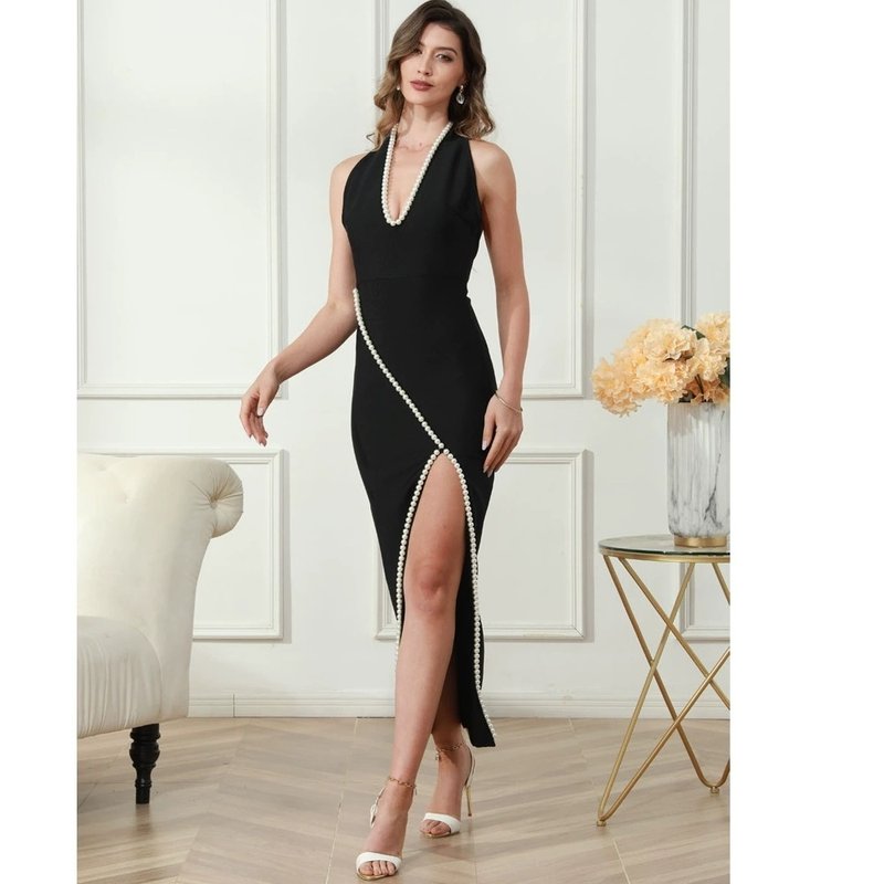 Pearl Trim Halter Maxi Dress H6414
