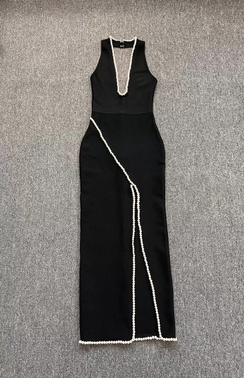 Pearl Trim Halter Maxi Dress H6414