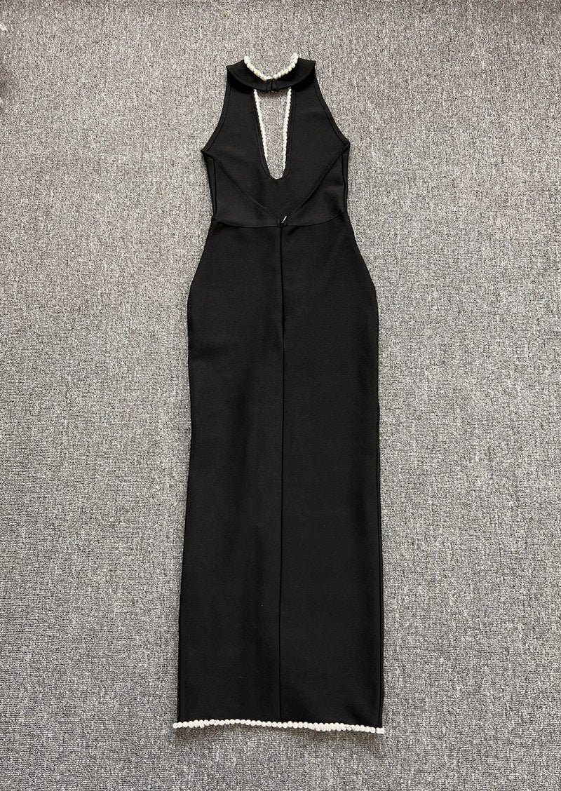 Pearl Trim Halter Maxi Dress H6414