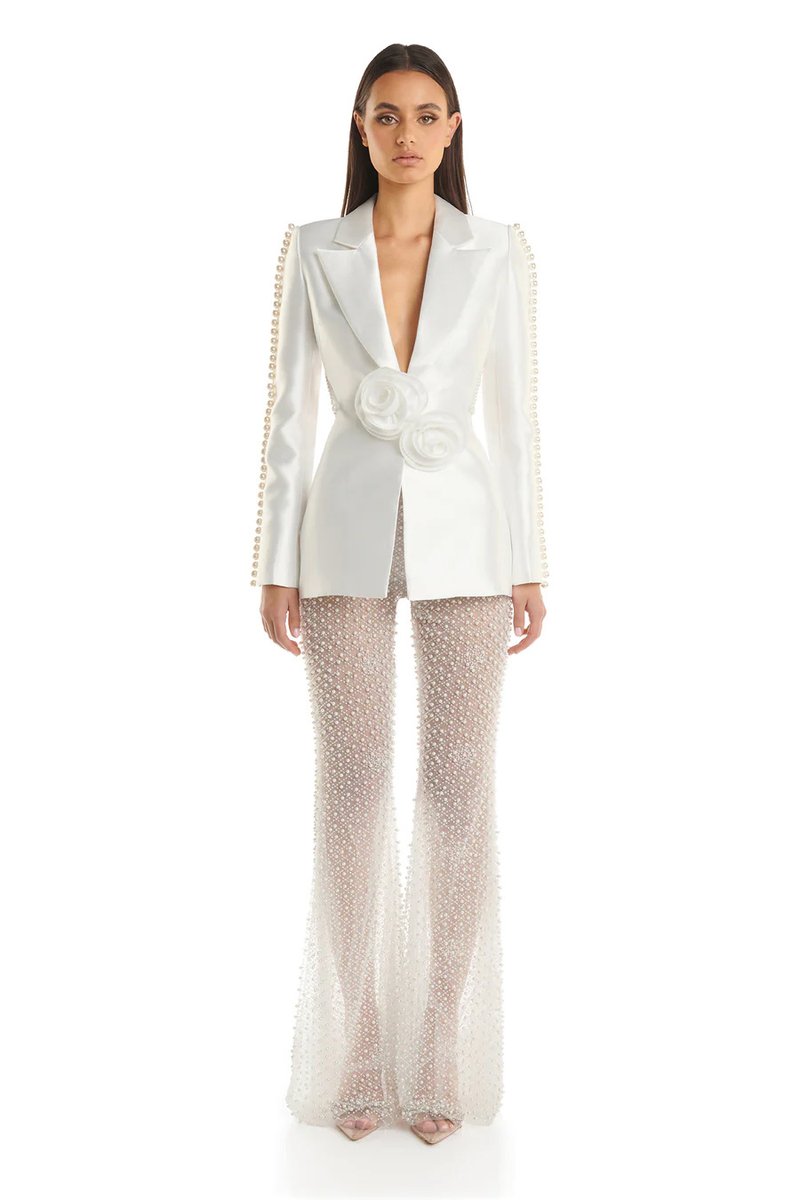 Pearl-Trimmed White Blazer & Beaded Trousers Set H6231