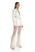 Pearl-Trimmed White Blazer & Beaded Trousers Set H6231