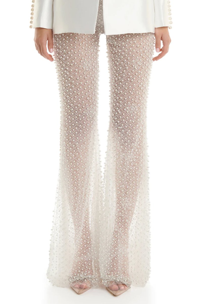 Pearl-Trimmed White Blazer & Beaded Trousers Set H6231