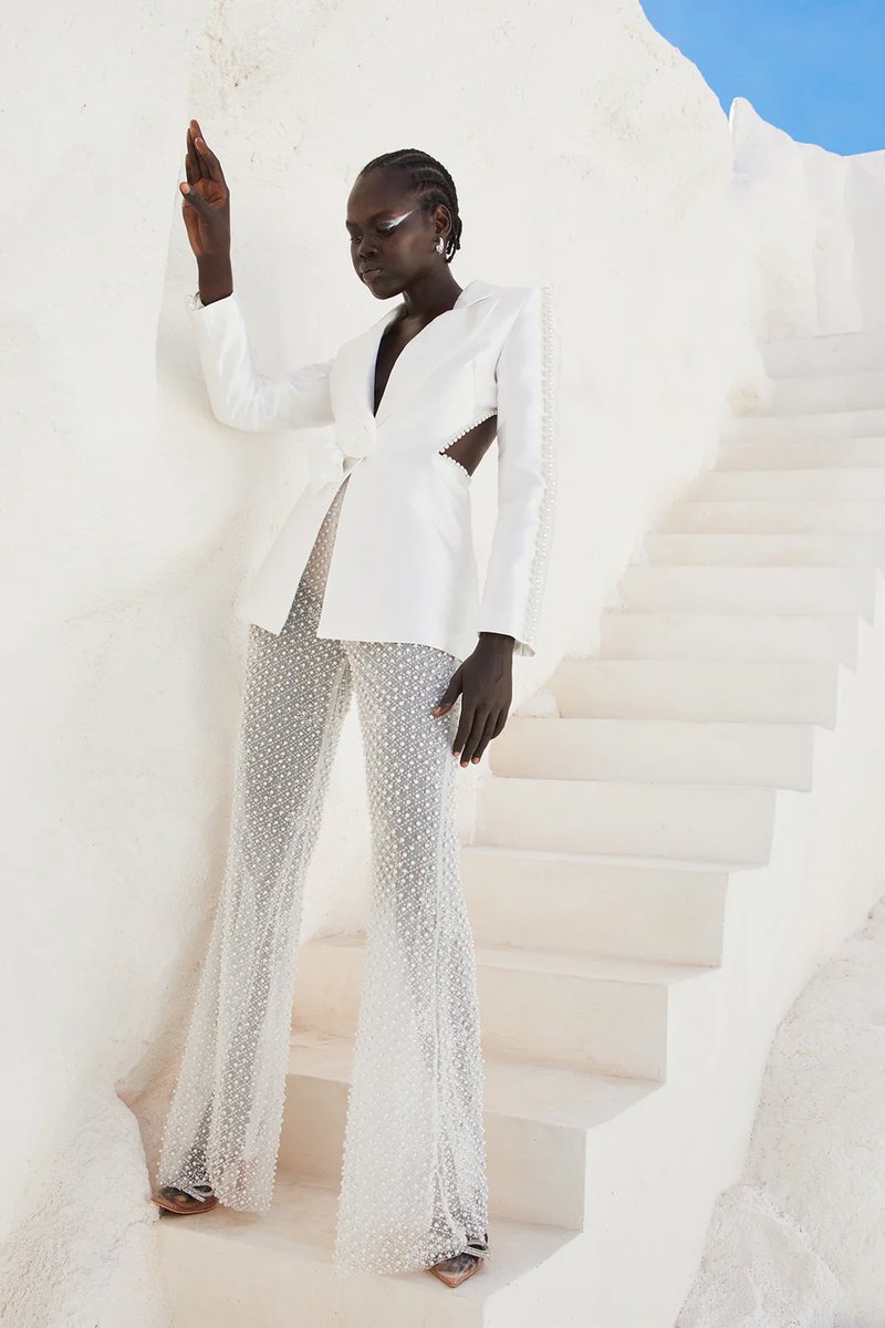 Pearl-Trimmed White Blazer & Beaded Trousers Set H6231