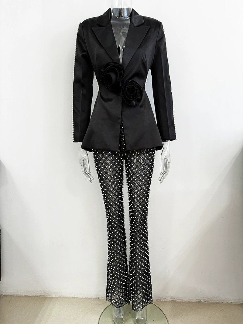 Pearl-Trimmed White Blazer & Beaded Trousers Set H6231