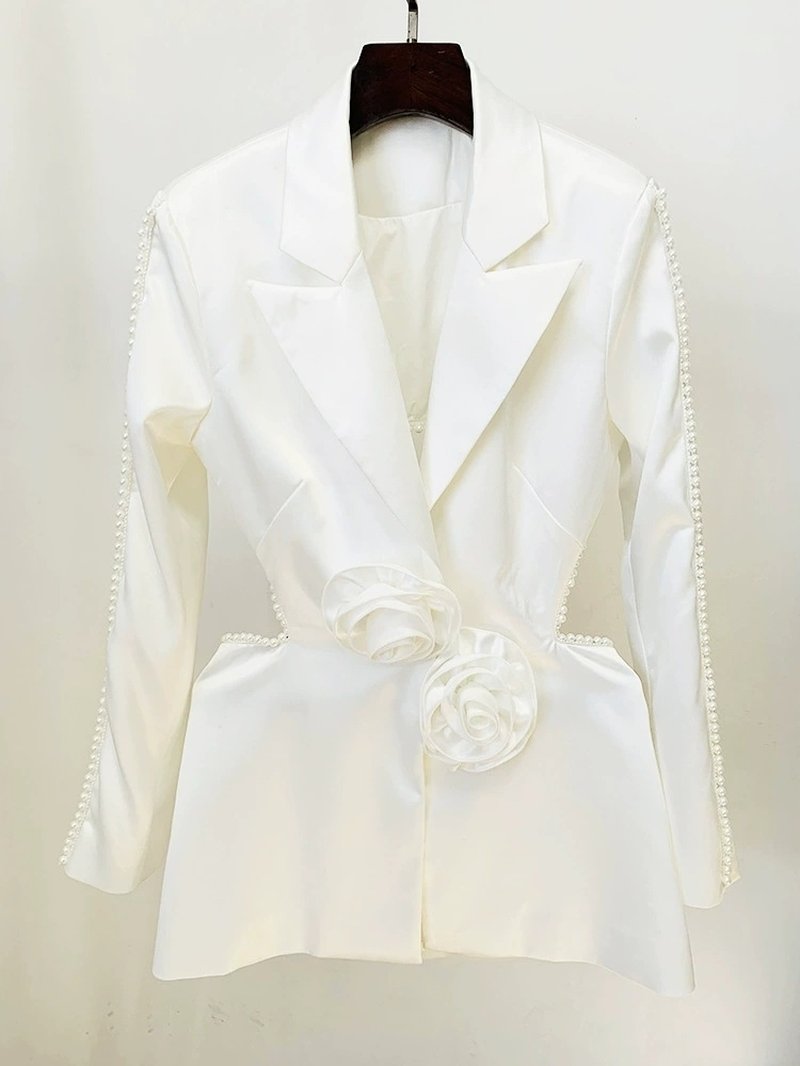 Pearl-Trimmed White Blazer & Beaded Trousers Set H6231