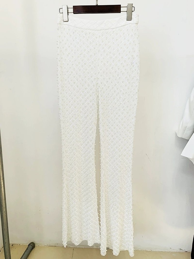 Pearl-Trimmed White Blazer & Beaded Trousers Set H6231