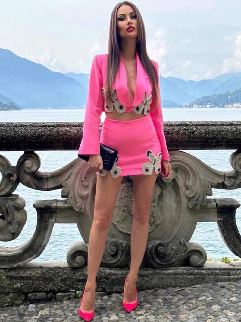 Pink Butterfly Embellished Crop Top & Mini Skirt Set H6019