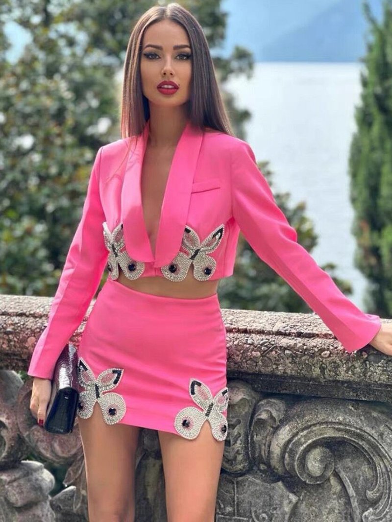 Pink Butterfly Embellished Crop Top & Mini Skirt Set H6019