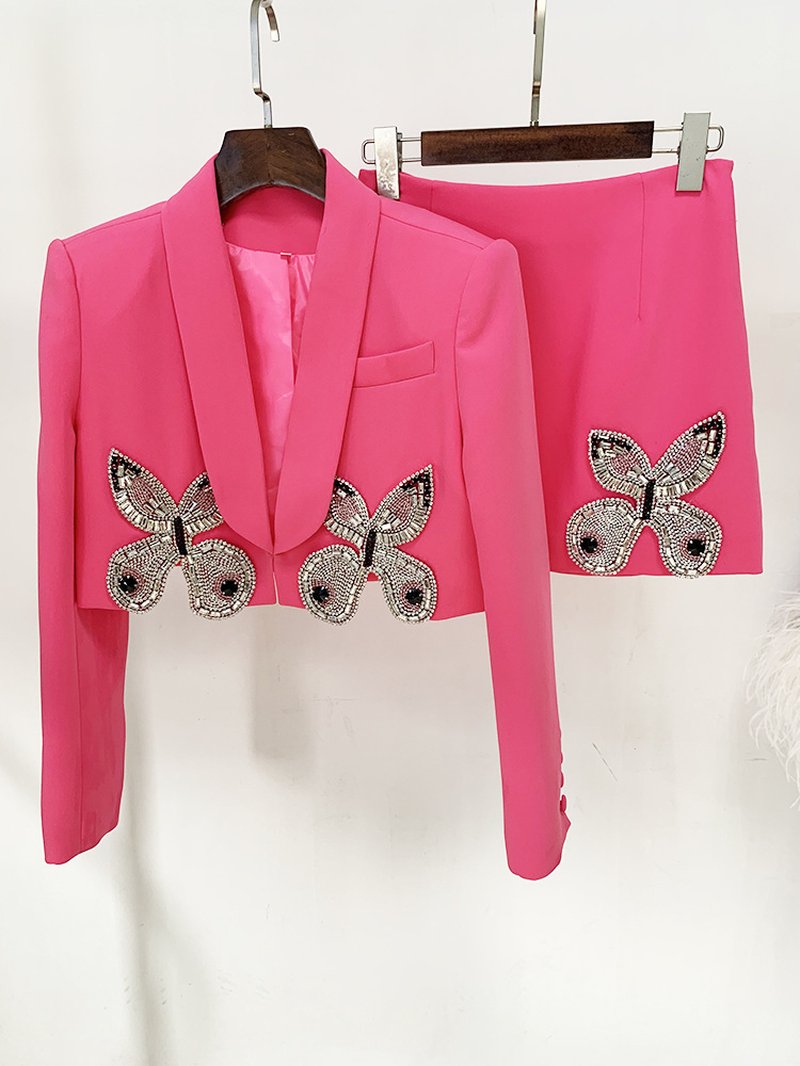 Pink Butterfly Embellished Crop Top & Mini Skirt Set H6019