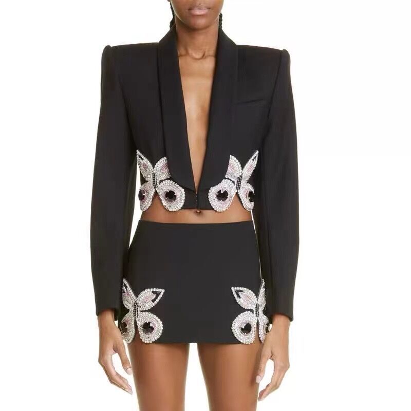 Pink Butterfly Embellished Crop Top & Mini Skirt Set H6019