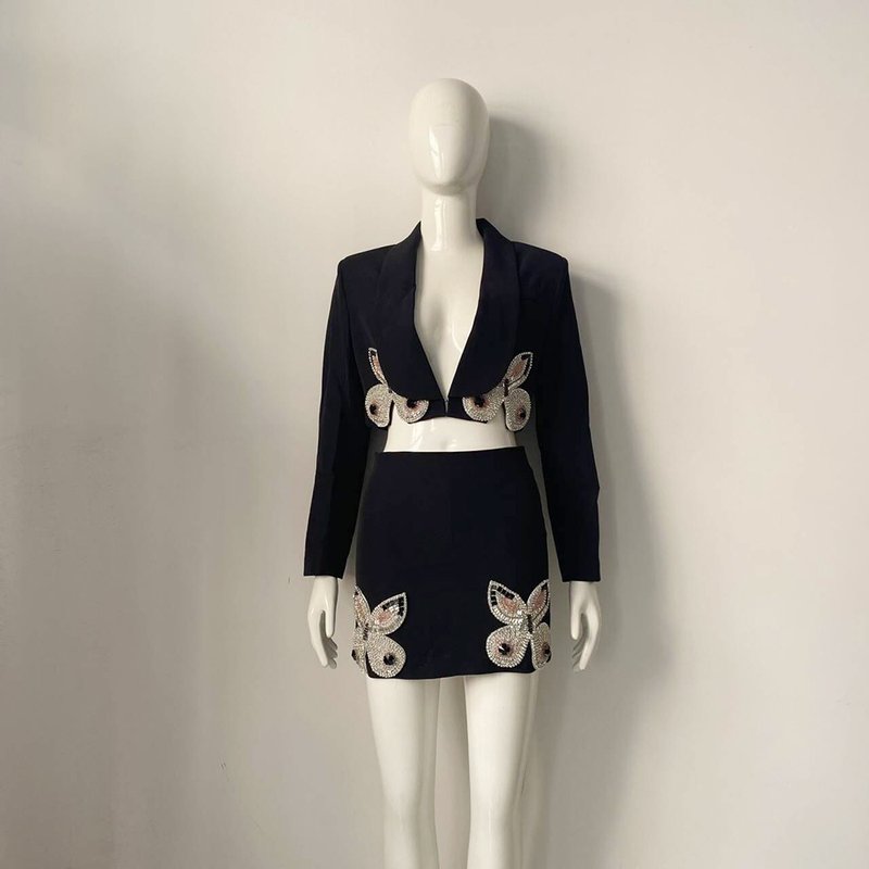 Pink Butterfly Embellished Crop Top & Mini Skirt Set H6019