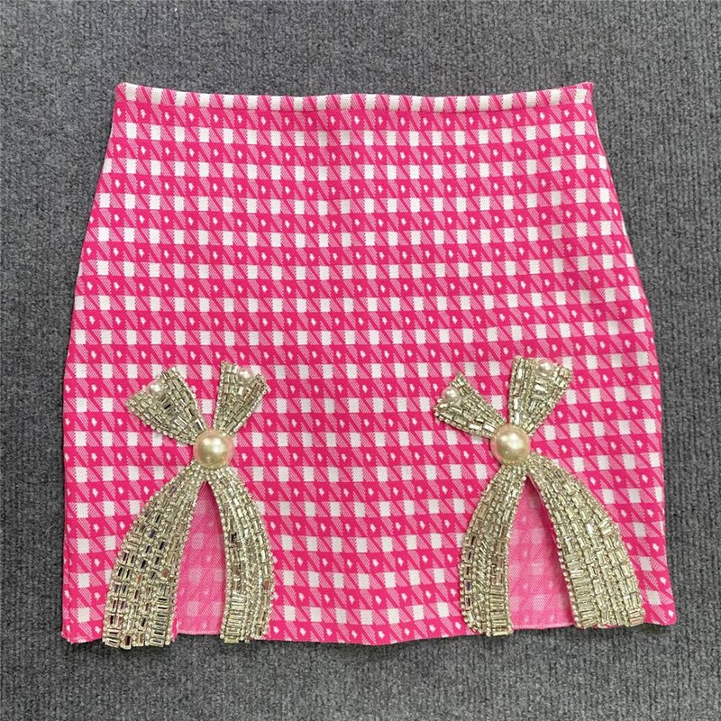 Pink Checkered Crop Top & Skirt Set H5913