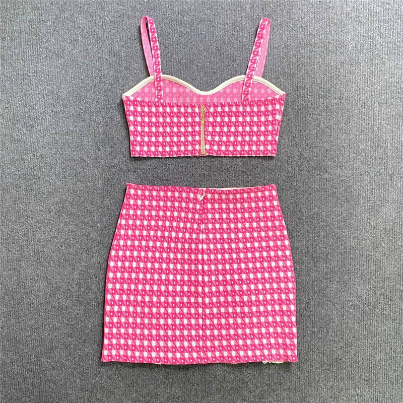 Pink Checkered Crop Top & Skirt Set H5913