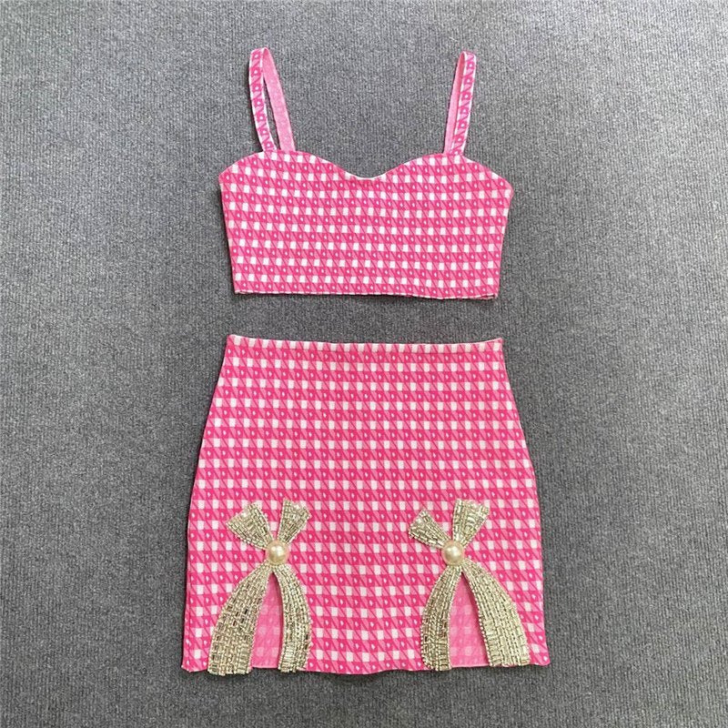 Pink Checkered Crop Top & Skirt Set H5913