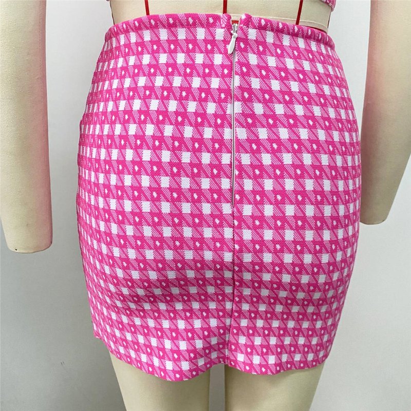 Pink Checkered Crop Top & Skirt Set H5913