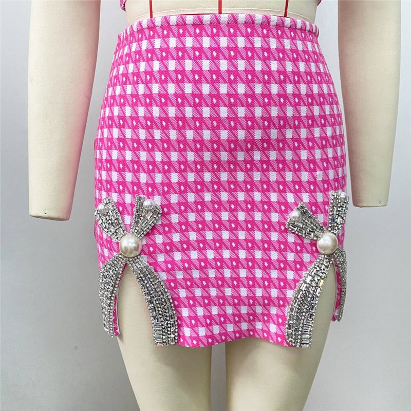 Pink Checkered Crop Top & Skirt Set H5913