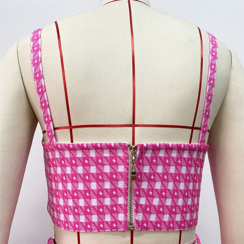 Pink Checkered Crop Top & Skirt Set H5913