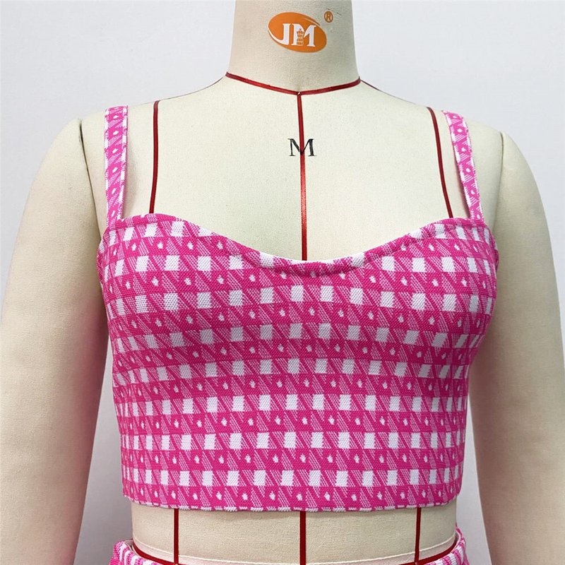 Pink Checkered Crop Top & Skirt Set H5913