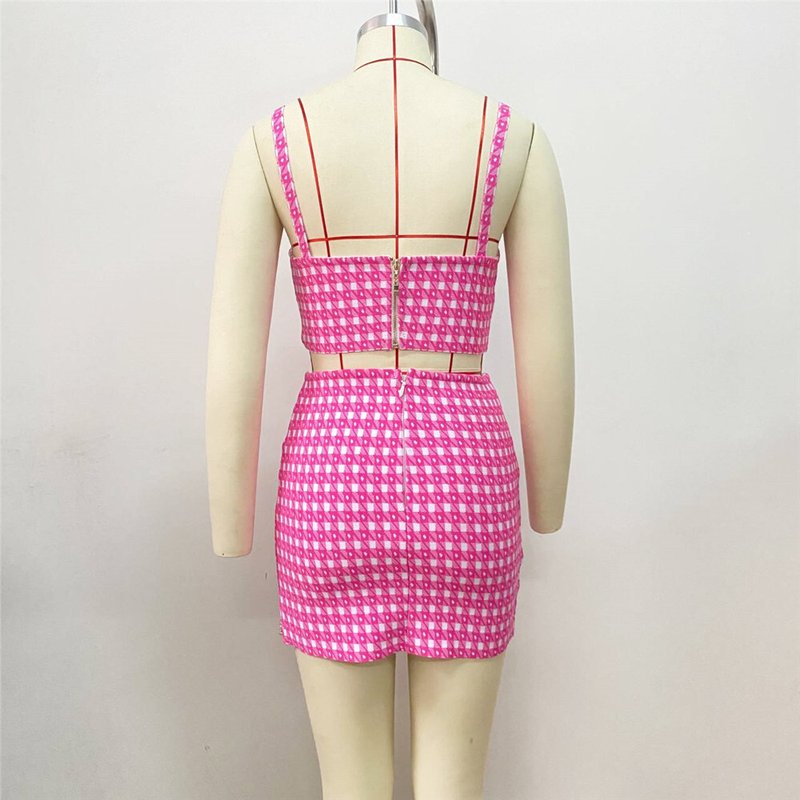 Pink Checkered Crop Top & Skirt Set H5913