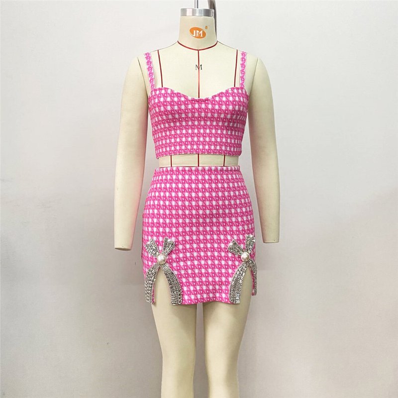 Pink Checkered Crop Top & Skirt Set H5913
