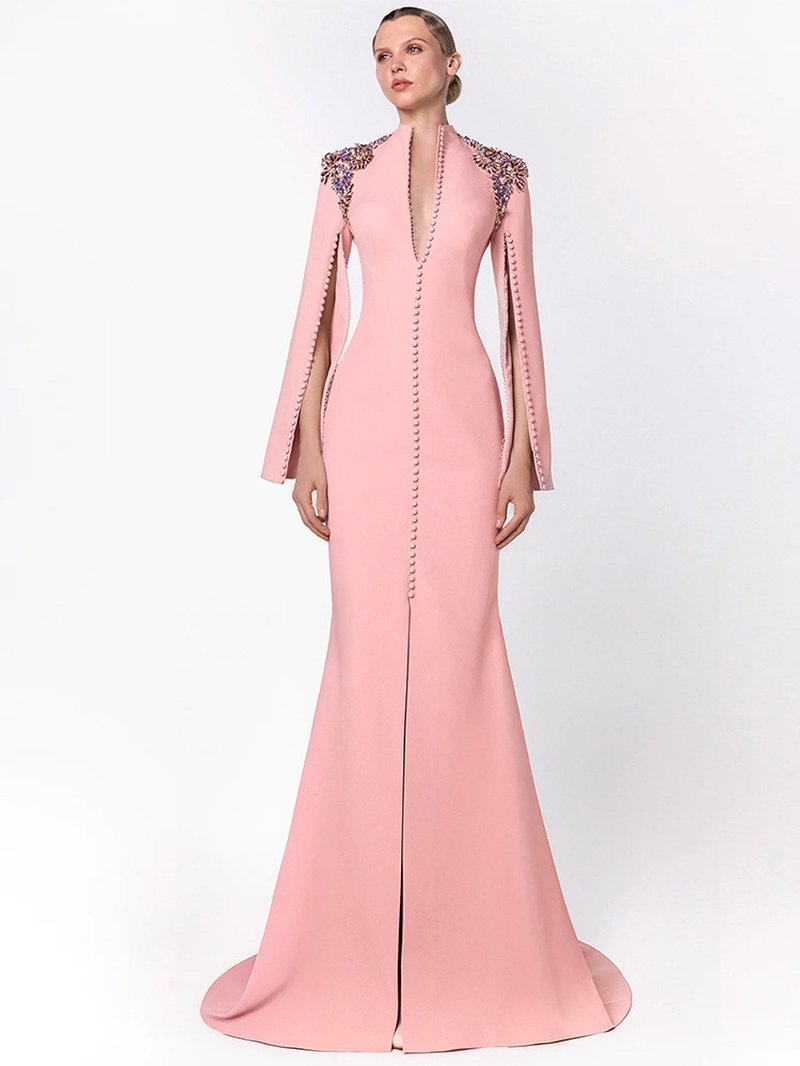 Pink Embellished Cape Sleeve Gown H6996