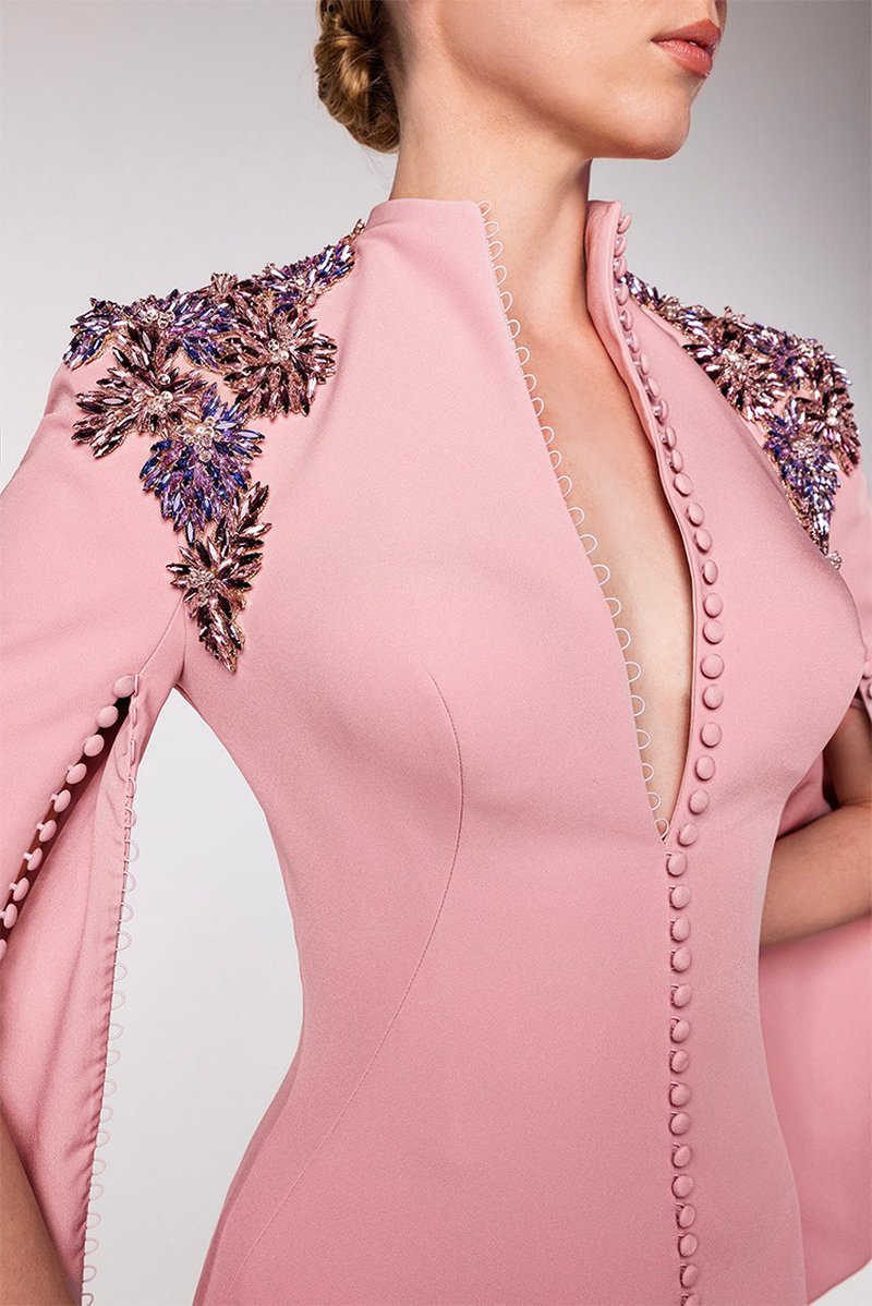 Pink Embellished Cape Sleeve Gown H6996