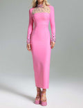 Pink Embellished Long Sleeve Midi Dress H6404