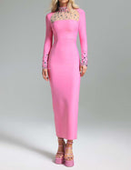 Pink Embellished Long Sleeve Midi Dress H6404