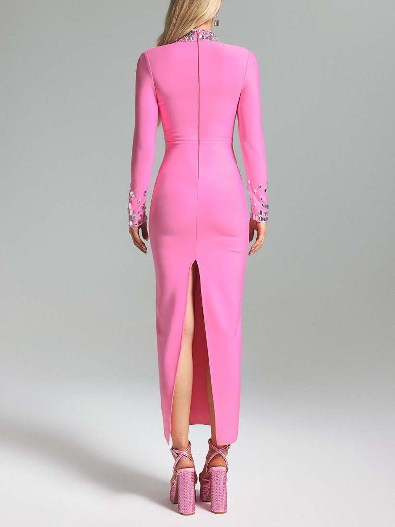 Pink Embellished Long Sleeve Midi Dress H6404