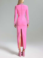 Pink Embellished Long Sleeve Midi Dress H6404