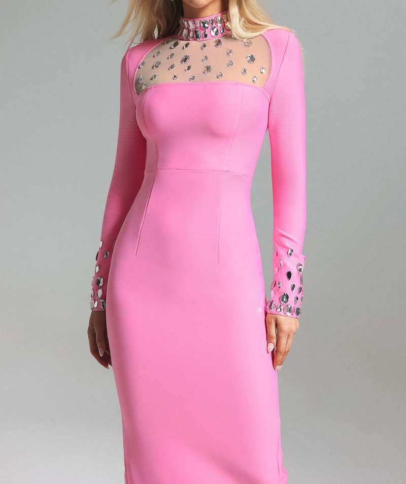 Pink Embellished Long Sleeve Midi Dress H6404