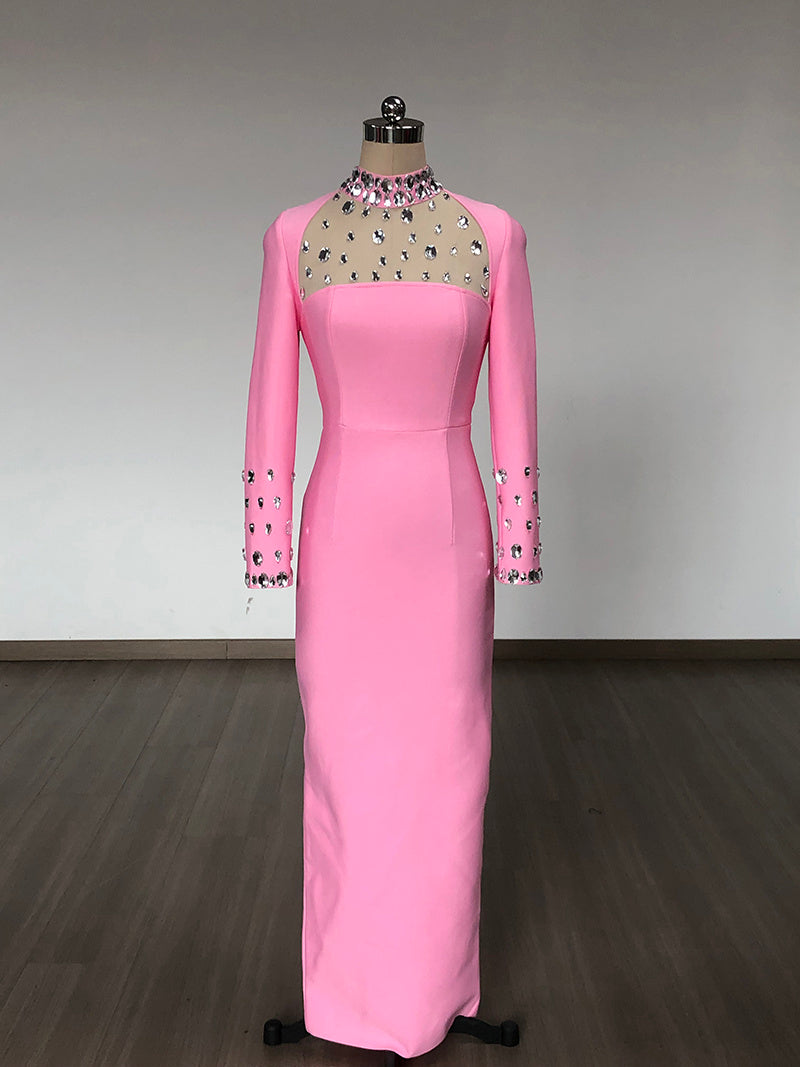 Pink Embellished Long Sleeve Midi Dress H6404