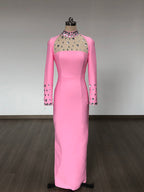 Pink Embellished Long Sleeve Midi Dress H6404