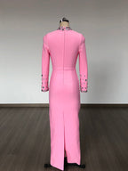 Pink Embellished Long Sleeve Midi Dress H6404