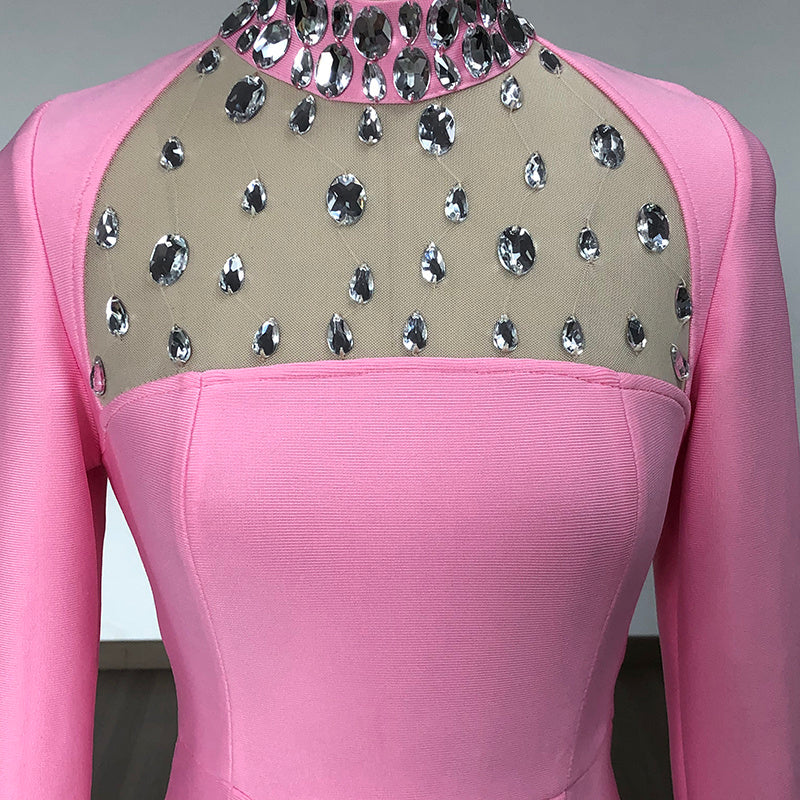 Pink Embellished Long Sleeve Midi Dress H6404