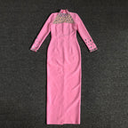 Pink Embellished Long Sleeve Midi Dress H6404