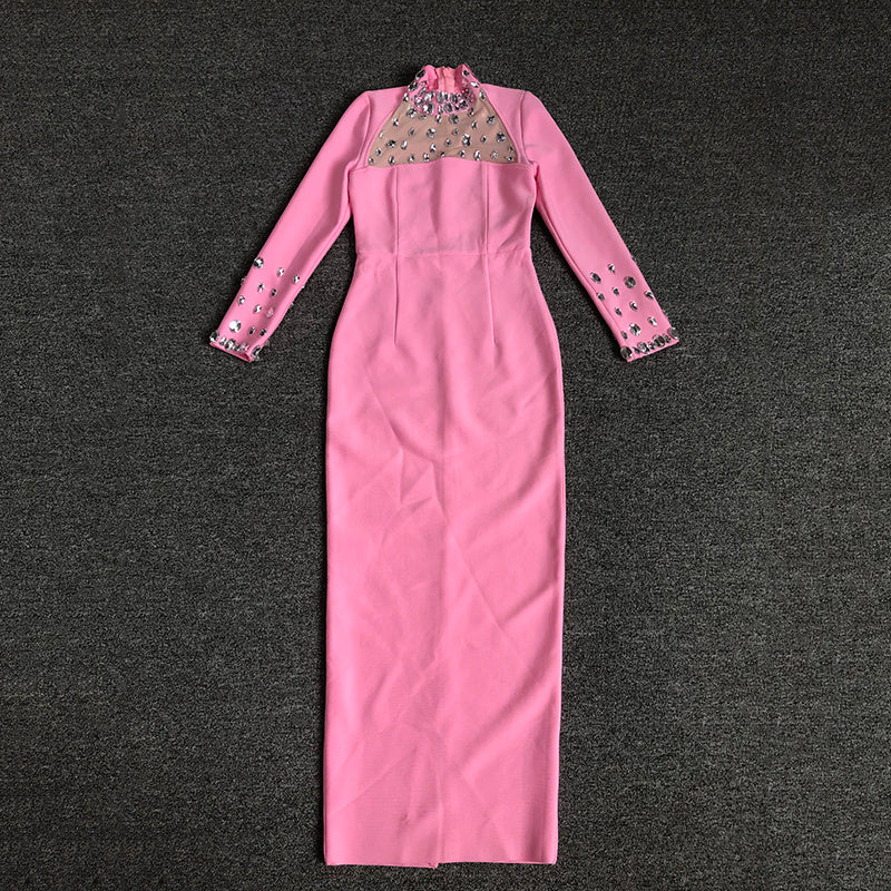 Pink Embellished Long Sleeve Midi Dress H6404