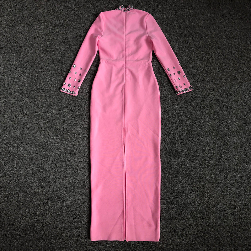 Pink Embellished Long Sleeve Midi Dress H6404
