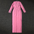Pink Embellished Long Sleeve Midi Dress H6404