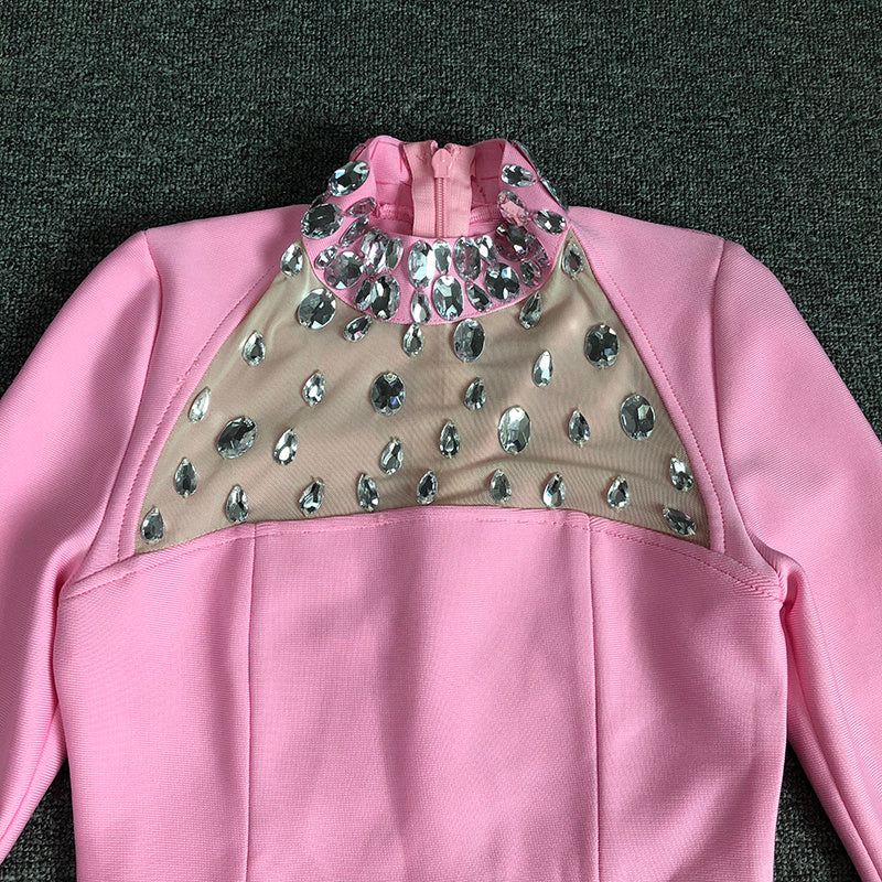 Pink Embellished Long Sleeve Midi Dress H6404