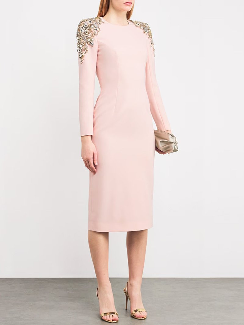 Pink Embellished Shoulder Midi Dress H6744