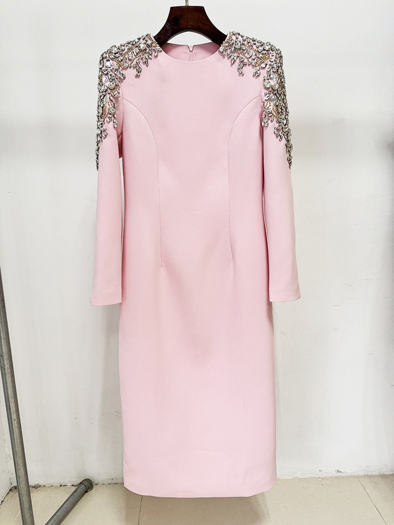Pink Embellished Shoulder Midi Dress H6744